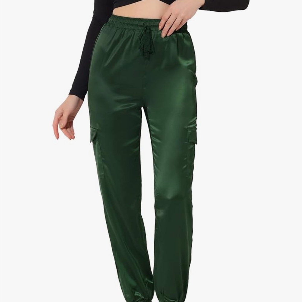 Allegra K Women's Dark Green Satin Joggers